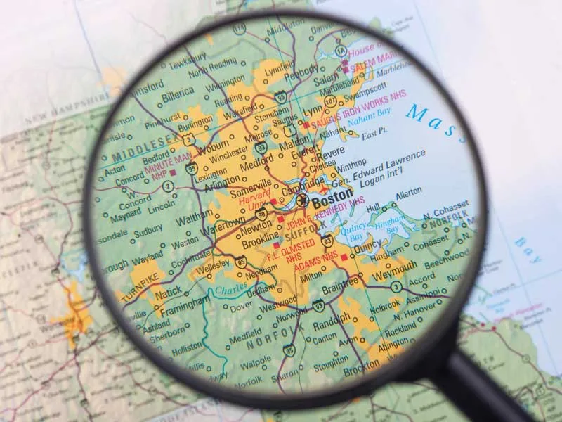marijuana delivery greater boston - Greater Boston map under magnifying glass